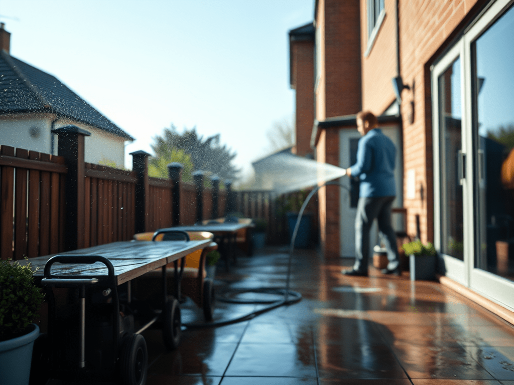 Example of a person pressure washing his patio.